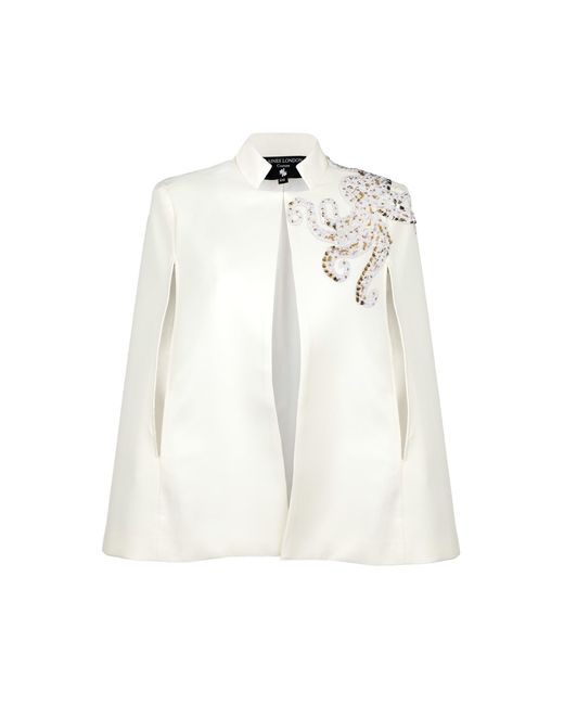 House of Laines London White Neutrals Ivory Couture Tailored Cape With Embellished Octopus Shoulder Design