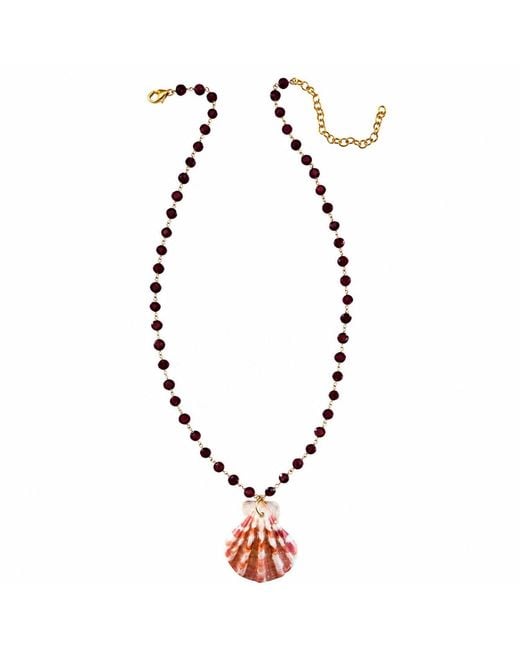 Heather Hawkins Jewelry Metallic Short Scallop Shell Coin Gemstone Necklace -Garnet