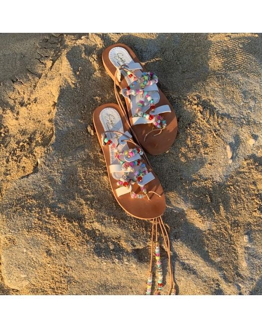 Sibylla Delphica White Neutrals Leather Sandals With Beads