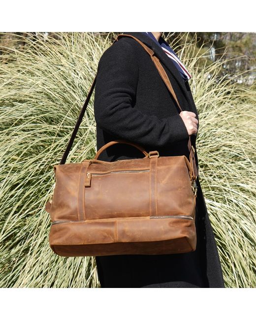 Touri Brown Leather Weekend Bag With Suit Compartment for men