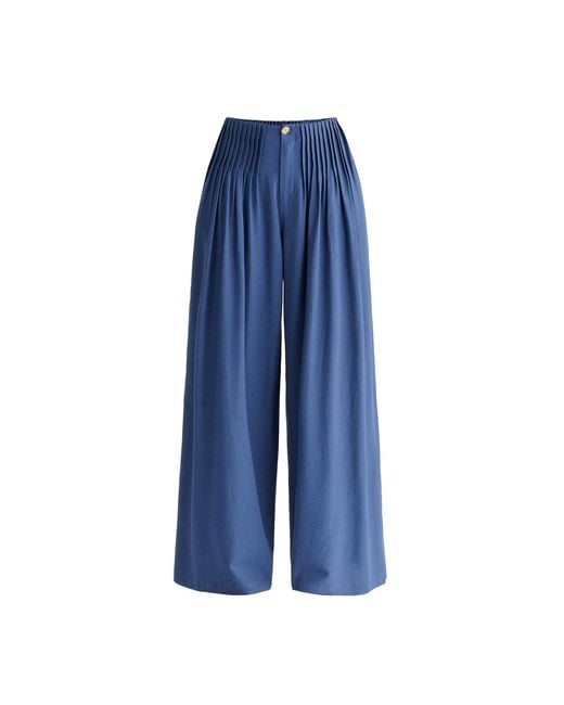 Paisie Blue Front Pleats Detail Wide Leg Trousers