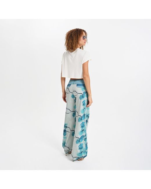 Lalipop Design Blue Stylised Floral Wide-Leg Pants