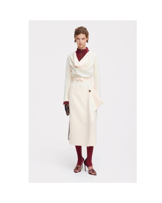 Julia Allert Natural Neutrals Two-Tone Asymmetric Draped High-Neck Midi Dress – Ivory