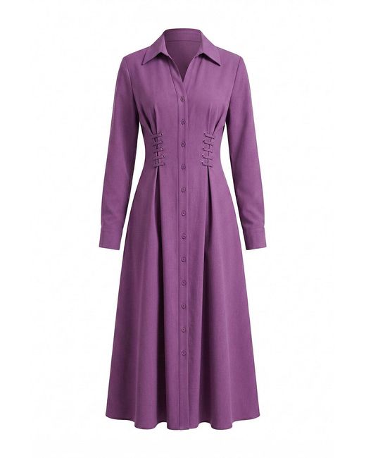 Exquise Purple Kiersten Eyelet Detail Pocketed Shirt Collar Midi Dress