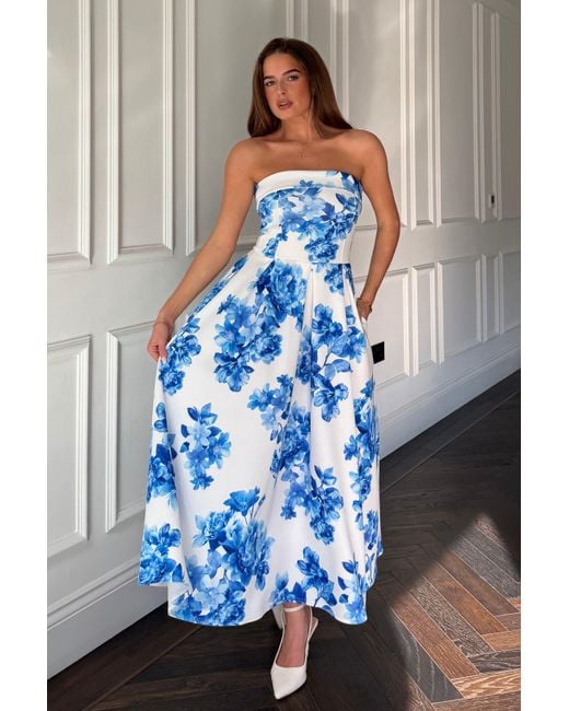 Girl In Mind Blue Danni Strapless Bandeau Midi Dress Floral