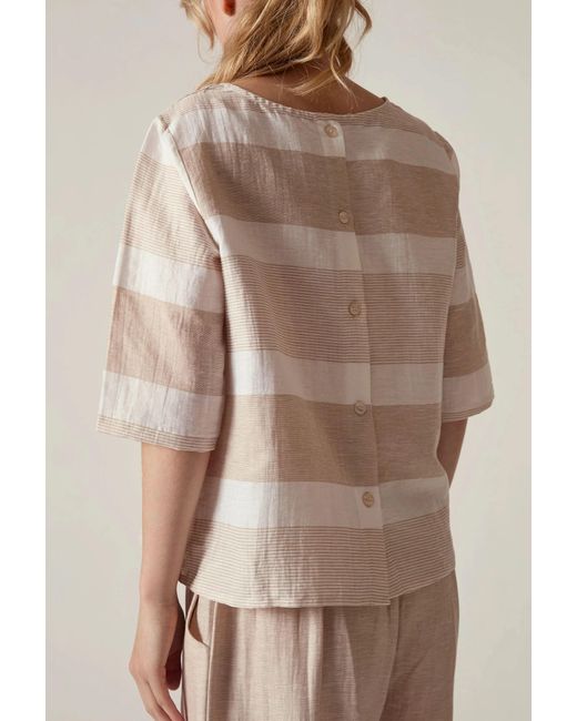 James Lakeland White Neutrals Striped Linen Blend Button-Back Top