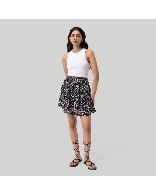 REISTOR Black Drawstring Short Printed Crepe Skirt