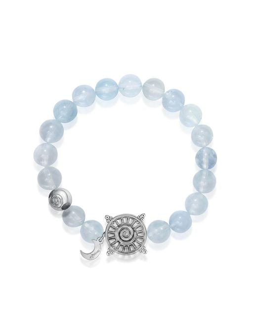 Aurozia Blue Three Charms Solar Meridian Whitegold Plated Sundial And The Sun Coin Aquamarine Beaded Bracelet
