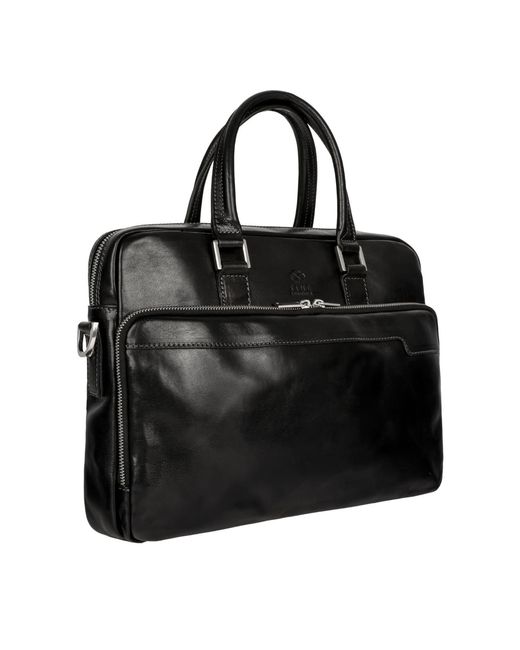Time Resistance Black Leather Briefcase Laptop Bag
