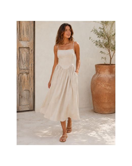 Oh!Zuza Natural Neutrals Linen Viscose Midi Dress Corset Back