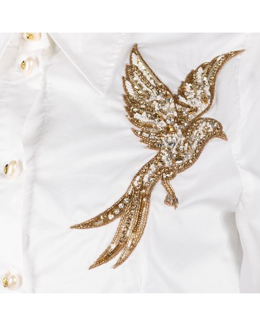 House of Laines London White Laines Couture Tie Shirt With Embellished Bird Of Paradise