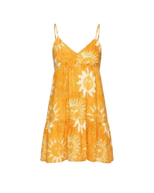 Maison Tangerine Yellow Linen Dress Sun Print For