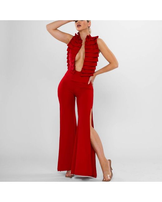 ANTONINIAS Red Cleo High Waisted Stretch Wide Leg Pants With Side Slit