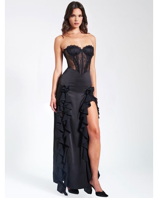Miss Circle New York Black Talia Satin Lace Corset Maxi Dress