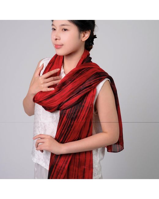 Silk and Bears Red Brushstroke Silk Scarf – Hand-Dyed Mulberry Silk, Evening Wrap & Gift