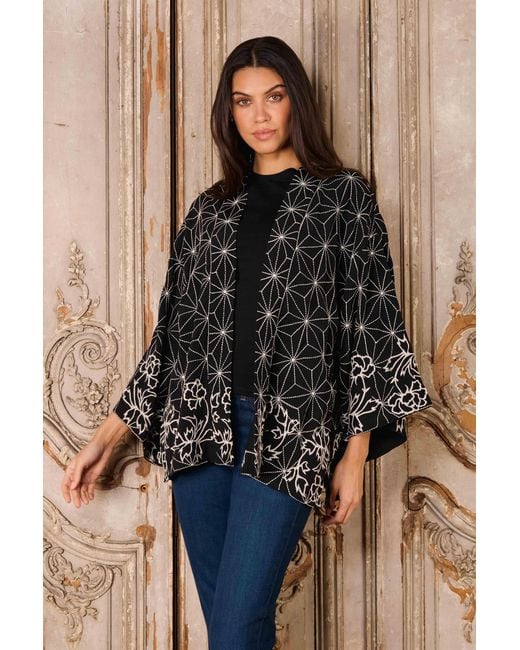 Artemis Muse Black Asanoha & Peony Embroidered & Ivory Fully Lined Short Kimono
