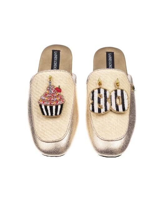 Laines London Metallic Neutrals Classic Mules With Stripe 80Th Birthday & Cake Brooches