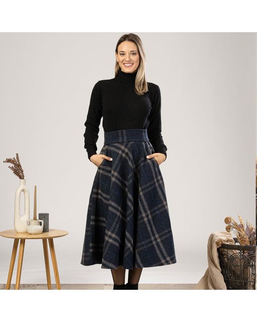 Nikka Place Blue Wool Midi Tartan Skirt With High Waist & Pockets