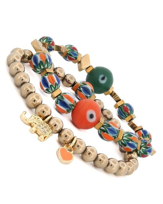 Ebru Jewelry Metallic Elephant & Heart Charm Design African Beaded Protection Bracelet Set