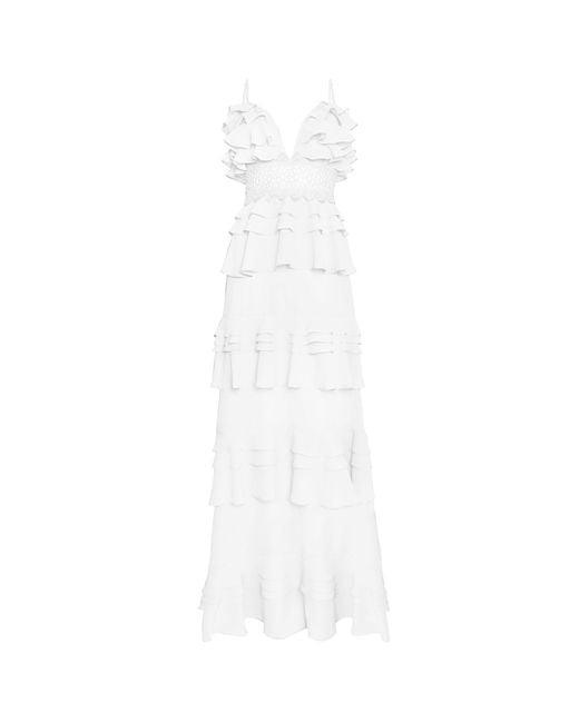 True Decadence White Linen Tiered Ruffle Maxi Dress With Crochet Waistband