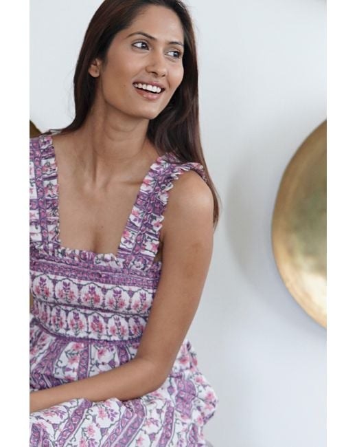 La Mandarine Purple Summer Maxi Dress With Pockets. Block Print Cotton Summer Midi Nap Dress Lila