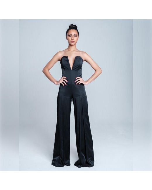 Imaatu Black Scarface Jumpsuit Sculpting Satin Corset Extreme V-Neckline Wide Leg Trousers Tie