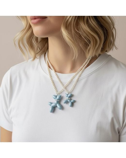 POPORCELAIN Blue Baby Porcelain Balloon Doggie Pearl Necklace