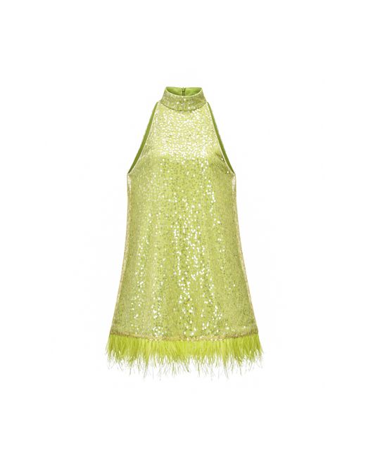 Amy Lynn Yellow Esther Green Sequin Feather Trim Dress