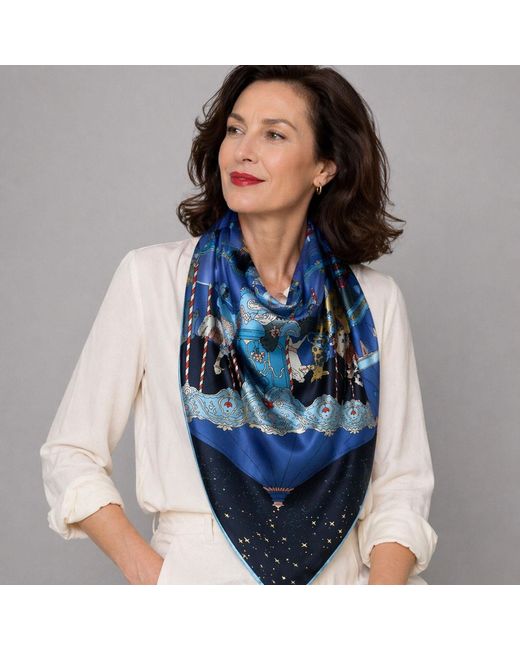 Wenzi Blue Carnival Wonderland Hand Painted Pattern Double Sided Silk Twill Scarf
