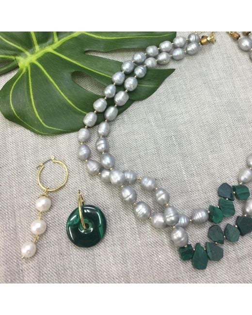 Farra Green Round Malachite & Freshwater Pearls Clip On Earrings