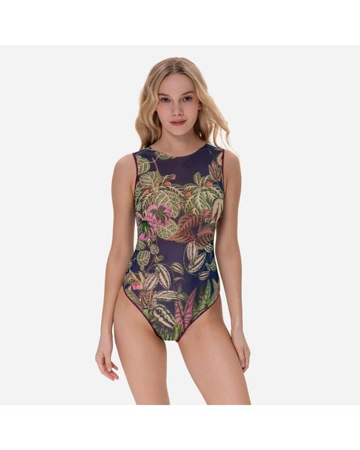 Rodasoleil Smart Swimwear Blue Tan-Through Mesh One-Piece Sleeveless Swimsuit Botanicum