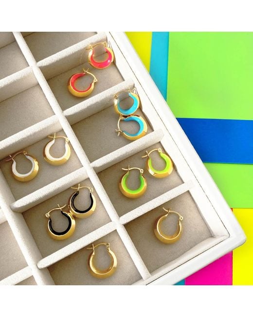 Gold & Honey Petite Slope Huggie Hoops With Neon Green Enamel