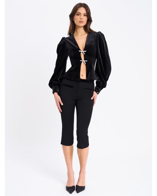 Miss Circle New York Black Krista Velvet Lantern Sleeve Top With Crystal Bow