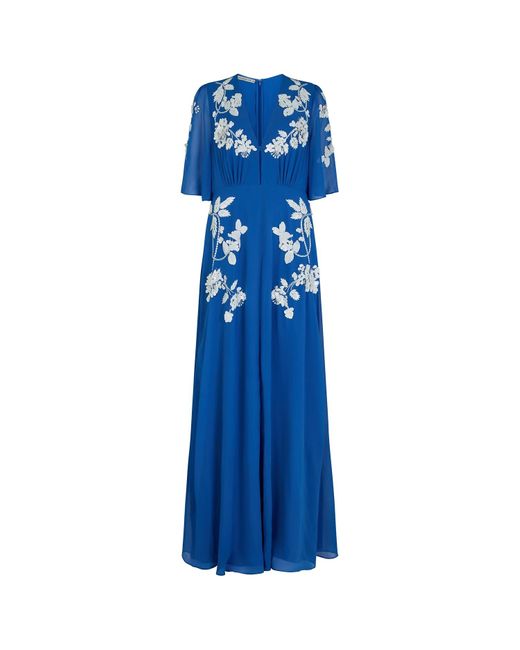 Hope & Ivy Blue The Eloise Plunge Front Embellished Maxi Dress With Flutter Sleeve