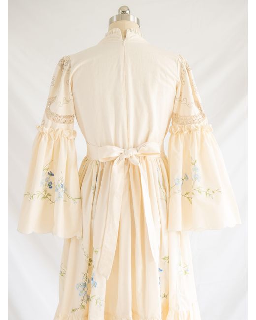 Sugar Cream Vintage Natural Re-design Upcycled Bell Sleeved Floral Embroidery Maxi Dress