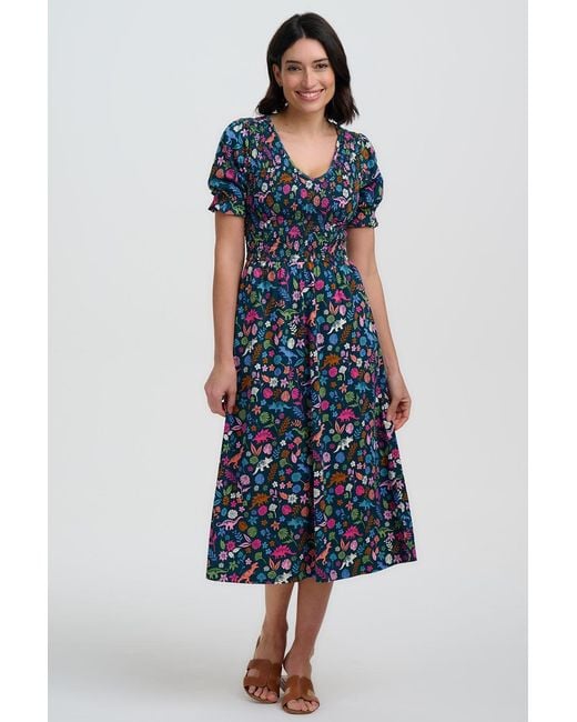 Sugarhill Blue Daphne Shirred Jersey Midi Dress, Multi, Hidden Dinosaur
