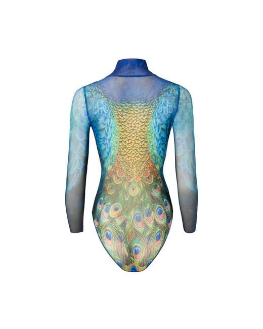Rodasoleil Smart Swimwear Blue Tan-Through Mesh One-Piece Zipper Swimsuit With Sleeves Peacock Mayura