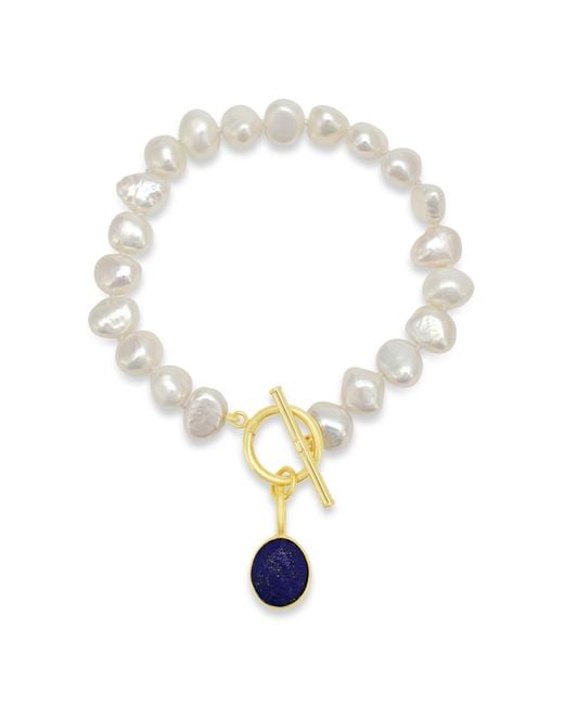 Pearls of the Orient Online Metallic Clara Irregular Cultured Freshwater Pearls Bracelet With A Lapis Lazuli Drop Pendant