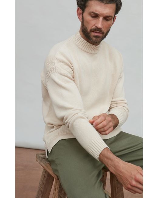 Paul James Knitwear Natural Neutrals Midweight Cotton Linen Sark Mock Neck Gansey Jumper for men