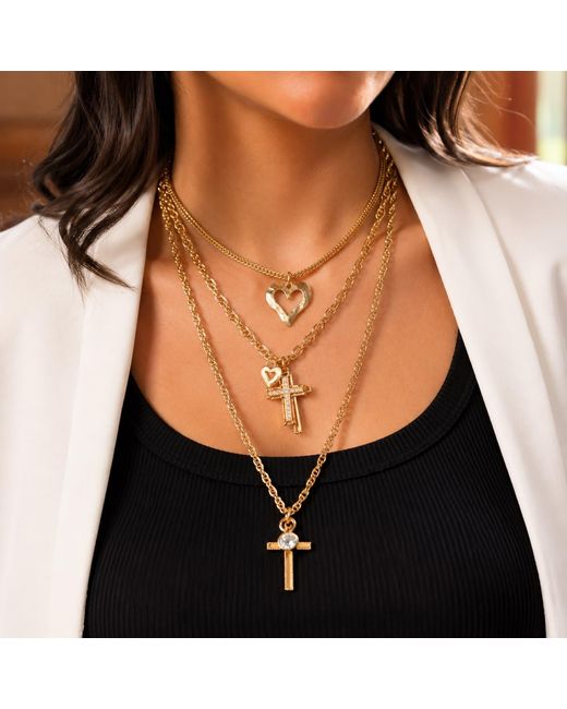 Caramel Vintage Jewellery Metallic Cross & Heart Necklace Set
