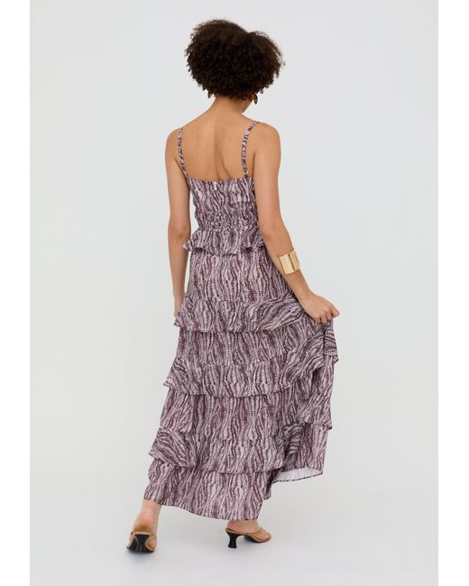 Raffya Brown Tangiers Tiered Line Print Maxi Dress