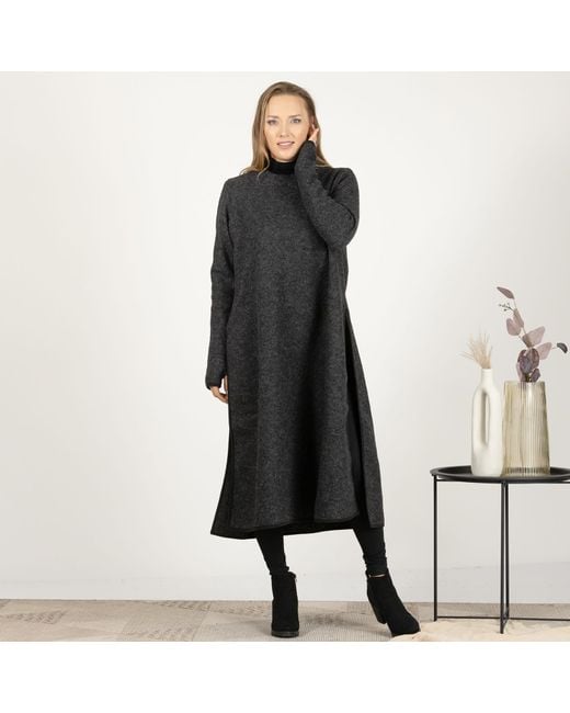 Nikka Place Black Minimalist Boiled Wool Sweater Dress With Long Sleeves And Slits