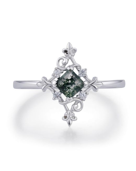 Azura Jewelry New York White Vine Diamond Moss Agate Ring Vermeil