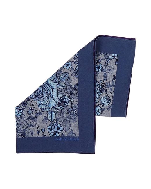 Lords of Harlech Blue Reversible Wool Silk Floral Pocket Square for men