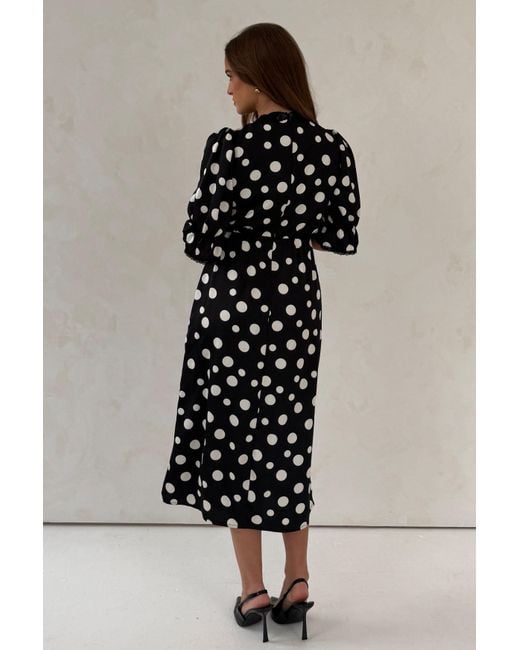 Girl In Mind Black Sharon V-Neck Puff Sleeve Polka Midi Dress