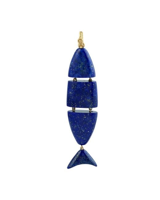 Artisan Blue 14K Lapis Lazuli Fish Pendant With, Emerald, Ruby & Moonstone