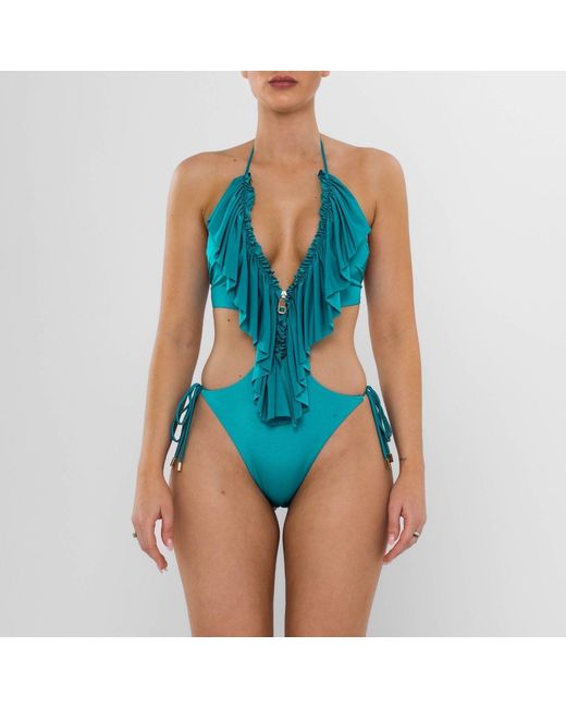 ANTONINIAS Blue Hortenzis Ruffled One-Piece Swimsuit With Adjustable Zip