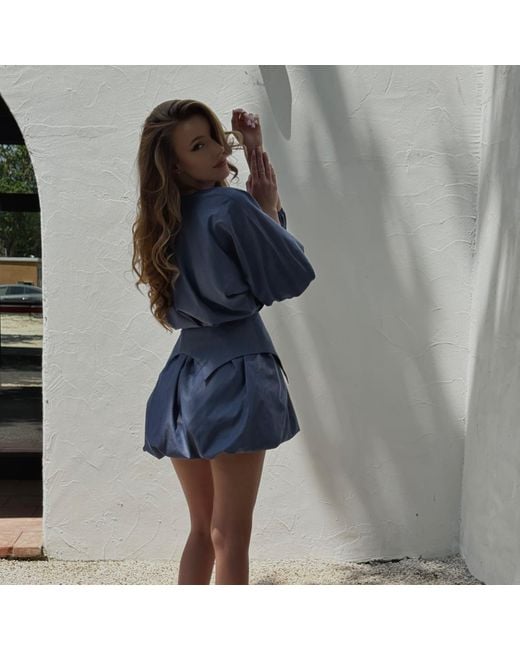 BLUZAT Blue Denim Asymmetrical Two-Piece Set With Bubble Skirt