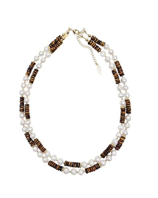 Farra Metallic Freshwater Pearls With Tiger Eye Double Layers Necklace
