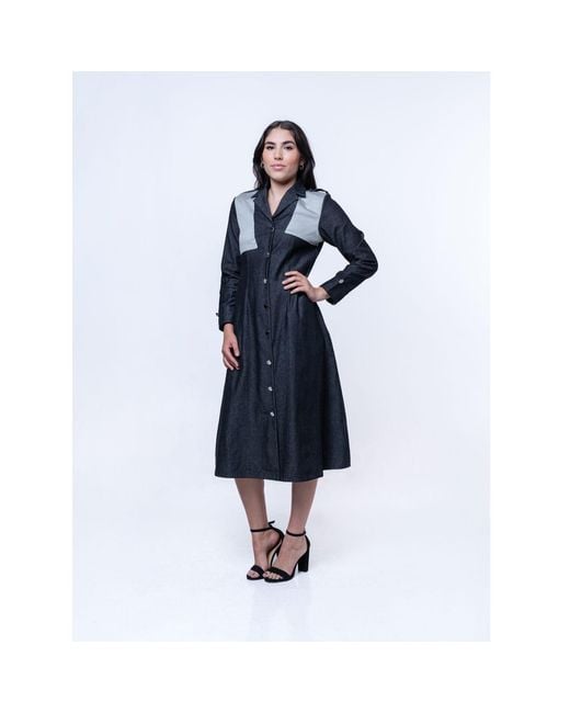 House of Gl Blue Hematite Dark Wash Denim A-Line Midi Shirt Dress With Contrast Cotton Panels